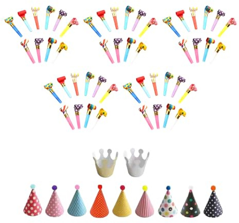Rainway 61-tlg. Party Set, 50x Tröten & 11x Hüte inkl. Kronen für Geburtstagsfeier, Fasching & Sportevents - Bunter Krachmacher & Deko für Partyspiele, Schnitzeljagd und festliche Anlässe