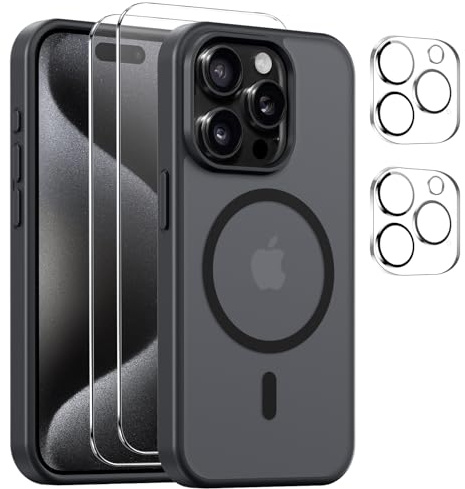 Czyoa Magnetic Cover per iPhone 15 PRO Max Compatibile con 2 vetri temperati e 2 vetri per Fotocamera, Translucent Matte Slim Back PC+TPU Bumper Shockproof - Nero