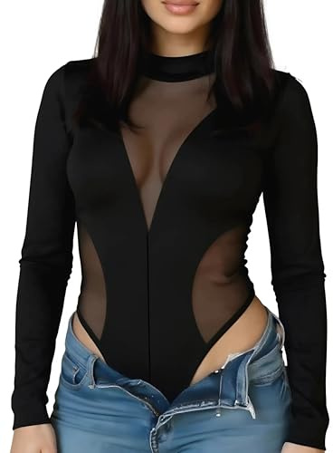 AMABILEMIA Body donna sexy a maniche lunghe nero trasparente con collo alto bodysuit elegante scollato da sera discoteca aderente AM228 (Nero, L)