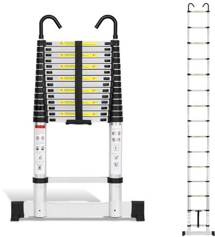 Joparri Hopfällbar teleskopstege i aluminium 4,4 meter, utdragbar stege med stabilisator och avtagbara krokar, halkfri aluminiumstege, trappstege, multifunktionsstege, 150 kg lastkapacitet