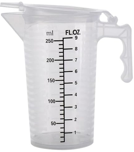 Vaso medidor con tapa y pico, jarra medidora de plástico transparente de 250 ml con asa, vaso graduado resistente al calor para ingredientes líquidos (vasos de plástico para líquidos