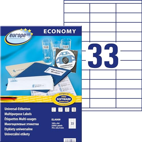 Europe100 Art. ELA009 Universal Etiketten (3.300 Klebeetiketten, 70x25,4mm auf A4, Papier matt, individuell bedruckbar, selbstklebende Aufkleber, kompatibel zu AVERY 3421) 100 Blatt, weiß