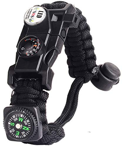 Pulsera Paracord Supervivencia España, Camuflaje Supervivencia Pulsera con Flint + Brújula + Termómetro + Silbato, para Caminatas en Canchas de Camping u Otras Actividades al Aire Libre (Negro)