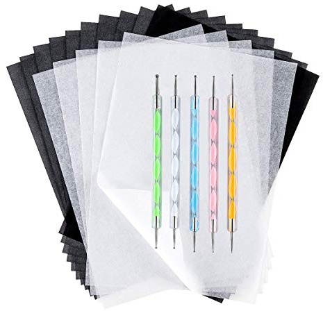 100 Blatt weißes Transparentpapier 100 Blatt Kohle-Transferpapier und 5 Stück Kugelprägungsstifte für Holzverbrennung, Handwerk, Papier, Leinwand und andere Kunsthandwerk-Oberflächen