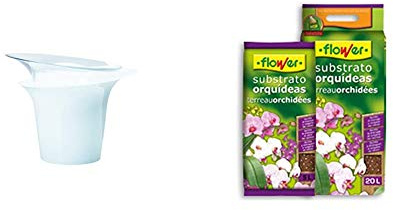 Hobby Flower Adel - Maceta Redonda para orquídeas y su riego, 20 x 17 cm, Color Blanco – Plantas Ø11-12 + Flower 80017 Substrato Orquídeas 5L, Marrón, 24x4.5x39 cm