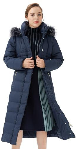 Orolay Damen Daunenjacke mit Langem Pelz-Kapuzenmantel mit Raglanärmeln Marine L