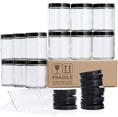 12 Pack, 8 OZ Clear Candle Jars For Making Candle, Thick Glass Jars with 12 Metal & 12 Plastic Lids - Empty Round Food Storage Containers, Canning Jar For Spice, Powder, Liquid, Sample - Food Grade