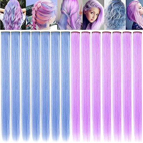 ZHAOWWEI 12 PCS Princess Bunte Erweiterungen Mehrfarbige Party-Highlights Streifen Synthetische Haarteile Clip-In/Clip On Farbige Haarverlängerungen (hellblau hellviolett)