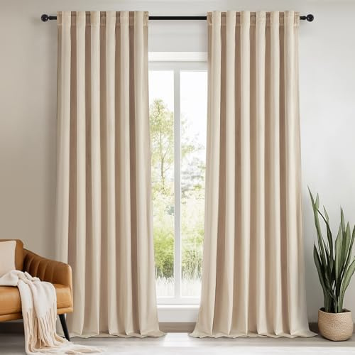 Topfinel Ivory Back Tab Velvet Curtains for Living Room 90 Inches Long 2 Panels Set Rod Pocket Ring Clips Room Darkening Curtains & Drapes 90 Inches Long for Bedroom,90 Inch Length 2 Panels Set,Beige