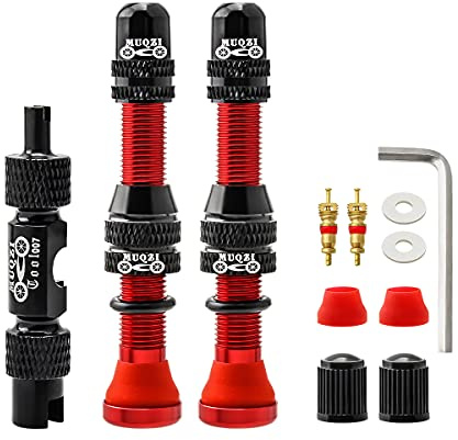 MUQZI Kit de tiges de valve Schrader sans chambre à air – Alliage de 60 mm pour vélo – Tiges universelles pour VTT – Valve sans chambre à air avec outil de démontage – Rouge
