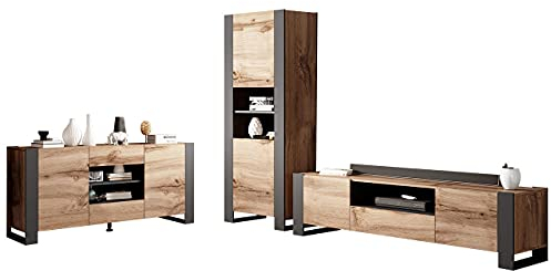 Mirjan24 Wohnzimmer-Set Weelo I, Wohnzimmerschrank, im Set: Vitrine, TV-Schrank, Kommode, Grifflosem Öffnen (Wotan/Anthrazit)