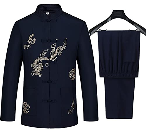 Kung Fu Uniform Tang Men Chinese Traditional Clothing Hanfu Martial Arts Wing Chun Taichi (Dark Blue, US L (Asia Size XXL))
