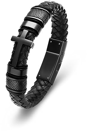 Minicremation Bracelet urne funéraire en cuir véritable avec pendentif en forme de croix pour cendres - Pour homme, 22 cm, Acier inoxydable, Non.