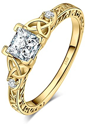 JewelryPalace Nudo Celta Anillo Plata Mujer 1.1ct Circonita Corte Princesa, Solitario Anillo de Compromiso Diamante Simulado, Anillo Promesa Niña Oro 14k con Piedra, Anillo Llamativo Joyas de Mujer 17