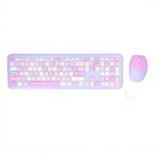 Combo de Ratón y Teclado de 110 Teclas para Niña, Teclado Retro de Colores Mezclados con Bonito Juego de Ratón, Ratón Inalámbrico de 3 Teclas de 1200 dpi para PC de Juegos (Conjunto de Teclado y