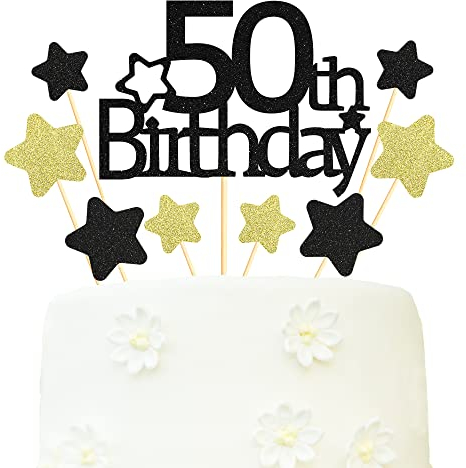 Sotpot Glitter 50th Birthday Cake Decorations 50th Cake Topper Star Cupcake Toppers for Birthday Party Decorations - 9PCS