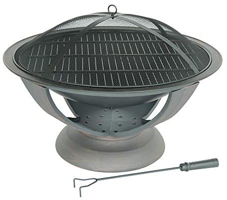 YARDKIT Phoenix - Braciere rotondo in rame anticato per falò e grigliate, per cortile, patio, braciere a legna, costruzione in acciaio pesante con griglia e copertura, 76,2 x 53,3 cm