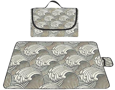 TengYuer Picknickdecke 180x200cm Stranddecke Wasserdicht Sandfrei Isoliert Faltbar Strandmatte mit Tragegriff Outdoor Campingdecke XXL für Camping Parks Strände Picknick Graue Meereswellen