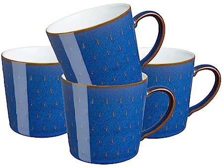 Denby - Imperial Blue Large Coffee Mug Set of 4 - Cascade Patterned 13.5 Ounce Stoneware Tea Mug Set For Office & Home - Dishwasher Safe, Microwave Safe - Ceramic Tea Cups With Blue Pattern Glaze