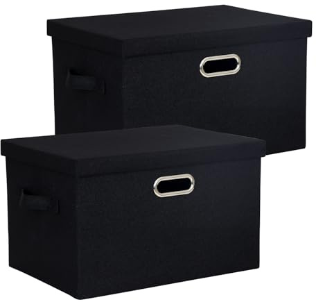 BinWhiz 2 Stück Aufbewahrungsboxen mit Deckel und Griff, Faltbare Aufbewahrungskorb, Aufbewahrungsbox aus Stoff, Aufbewahrungsbox für Schränke für Kleidung, Bücher, Kosmetik, Schwarz, 43 x 31 x 28 cm