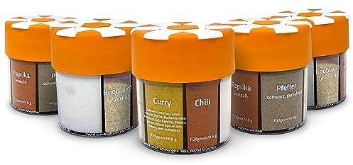 ration1 Gewürzstreuer XXL 6 in 1, 5er Set, Camping Gewürze Set | Salz, Pfeffer, Curry, Chili, Paprika, Knoblauch, Kompakt & nachfüllbar, Camping Gewürzspender, Für Vanlife, Prepper & Reise