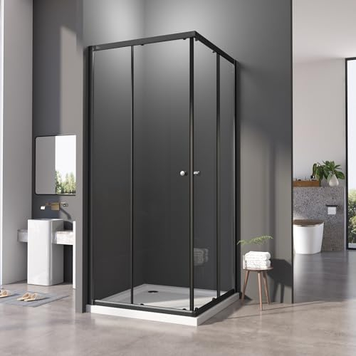 Duschkabine 80x80cm Eckeinstieg Schiebetür,Duschabtrennung 80 x 80cm Doppel Schiebetür aus 6 mm Starkem Einscheiben-Sicherheitsglas, Sicher und Geschützt, Ohne Duschwanne, Höhe 185 cm, Schwarz