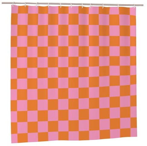 Artteal Duschvorhang für Badezimmer, abstrakt, dekorativ, mit 12 Haken, kariert, wasserdicht, Badzubehör, 183 x 183 cm, Schachbrettmuster, Rosa/Orange