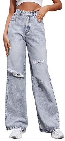 Baggy Jeans Damen High Waist Jeanshose Damen mit Löchern Denim Hose Damen Weite Bein Boyfriend Damenjeans Wide Le Freizeithose Arbeitshosen Jogginghose Hosen Blau Grau Jeanshosen