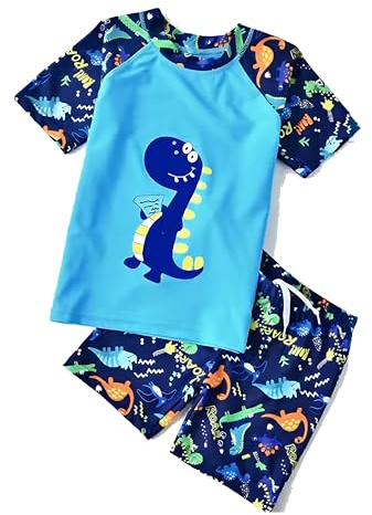 NautySaurs Boys Swimming Costume Kids Two Piece Swimsuit Chidren Rash Guard T-Shirt Swim Shorts Set Dinosaur Swimwear, Blue, 4-5 Years