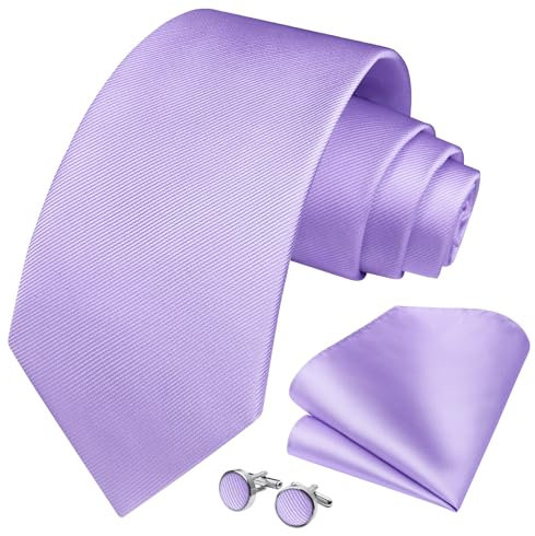 HISDERN Flieder Krawatten für Männer Hochzeit Seide Gewebt Krawatte mit Einstecktuch Manschettenknöpfe Set für Prom