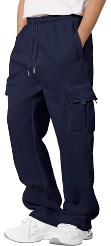 CMTOP Pantalon Chandal Hombre Algodón Pantalones Cargo de Deporte Invierno Termico Pantalón Chandal con Forro Polar Anchos Casuales Pantalones Jogger con Cordón y Bolsillos(Azul Marino, L)