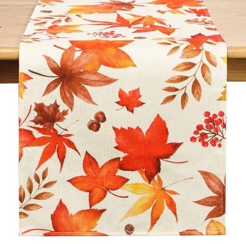 GEBETTER Camino de Mesa Otoñal 183*33cm Tela Lino Arpillera Hojas de Arce Bayas Rojas Otoño Cosecha Acción de Gracias Halloween Navidad Decoración Comedor Cocina Hogar Fiesta Familia (Hojas de Arce)