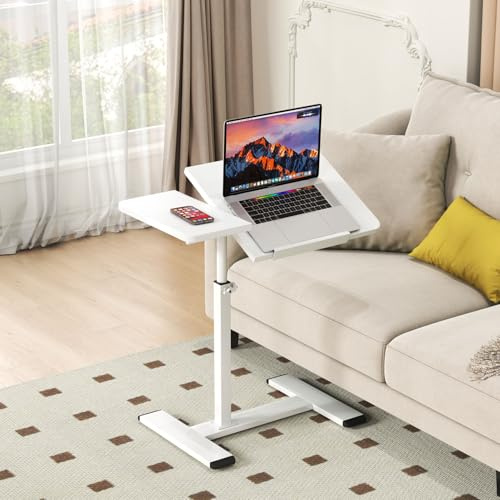 Awoyep Beistelltisch Klein Couchtisch Holz: Kaffeetisch C Form Höhenverstellbar Sofatisch Rollen Tisch 360° Drehbarer Mobiles Stehpult Wohnzimmer für Bett Sofa Büro Office (Weiß+Flip)