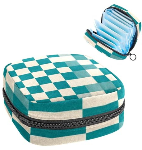 1Pc Sanitary Napkin Storage Bag, Large Sanitary Pad Organiser Reusable First Period Bag for Girls Women Ladies - 17 x 17 x 12 cm/Vintage Turquoise and Cream Checkerboard