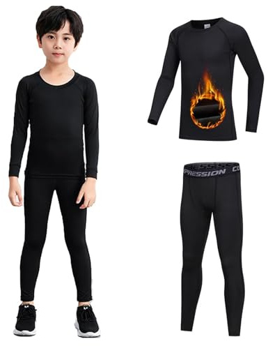 Guoegh Kids Boys Base Layers Thermal Long Sleeve Tops Johns Sets Compression Football Skins Sport Underwear Winter Fleece Lined Baselayer Suit for Children(Black,5-6 Years)
