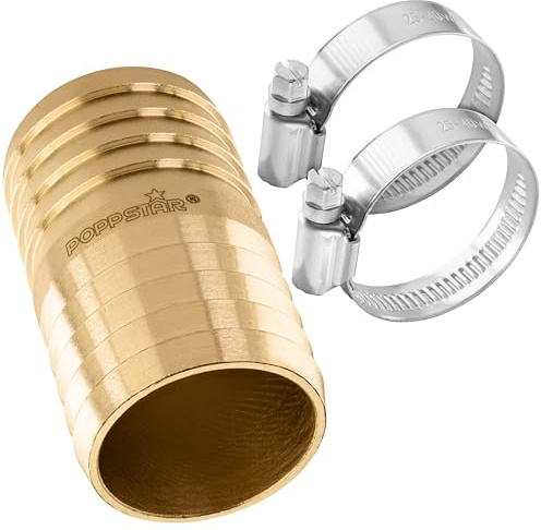 Poppstar skarvrör i mässing för vattenslang 1 1/4 tum med 2 slangklämmor av rostfritt stål för 1 1/4 (32 mm) trädgårdsslang