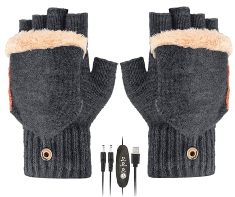 Generisch Beheizbare Handschuhe, Fingerlose Handschuhe Touchscreen Winterhandschuhe mit Kappe Ohne Finger für Damen Leder Warmer Winter für Arbeits Autofahren Radfahren Sport