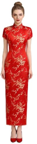 Chinese Women's Cheongsam Qipao Dress Slim Bodycon Exotic Long Split Dresses Wedding Costumes Gown Vintage Lunar New Year Formal Clothes Plum Blossom Red XL