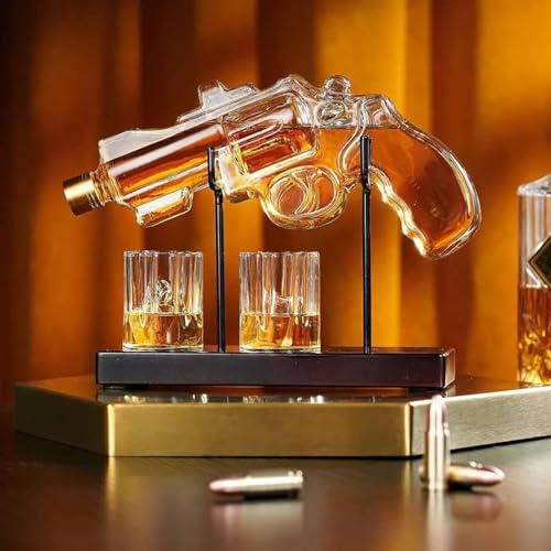 Generisch 1er-Set Revolver-Form Weinkelcher, 230 ml – 1 Weinkelcher + 2 Gläser + 1 Holzständer + 1 Gießtrichter, handgefertigtes Glasgefäß, ideal für Spirituosen wie Whisky, Wodka, Brandy