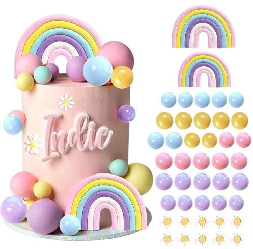 43 PCS Cake Decorations, Birthday Cake Topper Mini Colorful Balls Decorations Boho Rainbow Decoration for DIY Baking Birthday Party Decor