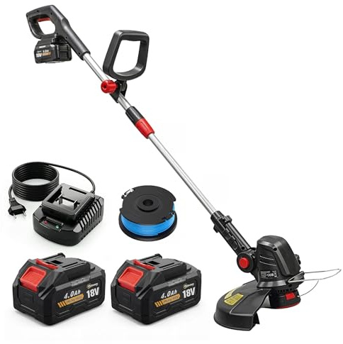 Outsunny Coupe-Bordures Sans Fil 18V 2 Batteries 4,0 Ah Chargeur Argent | Coupe 25 cm, Manche Télescopique, Carter Protège, Tête et Poignée Réglables, Coupe-Bordures Electrique, Jardin Pelouse
