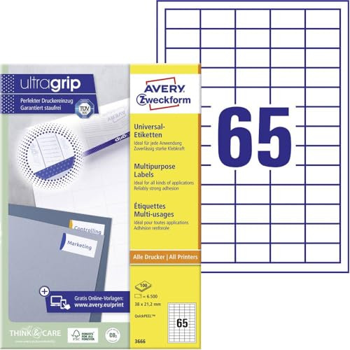 AVERY Zweckform 3666 Universal Etiketten (6.500 Klebeetiketten, 38x21,2mm auf A4, Papier matt, individuell bedruckbar, selbstklebende Aufkleber mit ultragrip) 100 Blatt, weiß