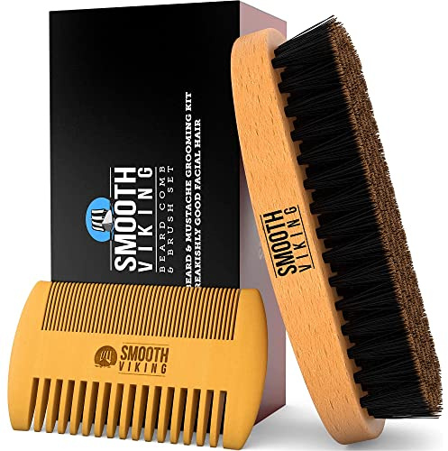 Beard Brush and Comb - Natural Boar Bristle Beard Brush & Beard Comb for Men - Facial Hair Care Gift Set for Men - Mustache Styling, Grooming & Shaping Tools