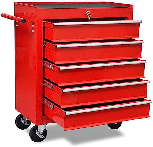 vidaXL Carrello per attrezzi da officina rosso 5 cassetti scatola con ruote