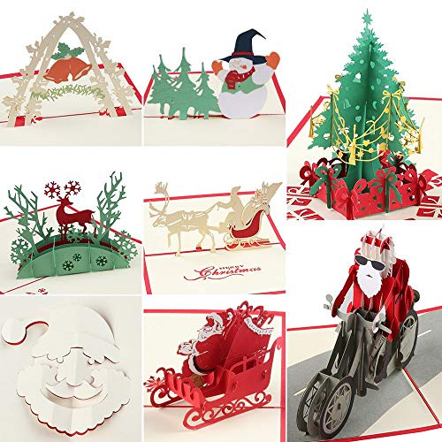 coohom 3D Weihnachten Karte mit Umschlag Set von 8 – handgefertigt Papier Craft Pop Up Grußkarte für neue Jahr– Xmas Baum, Schneemann, Rentier und Glöckchen