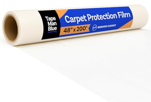 TapeManBlue Carpet Protection Film, 48 inch x 200 feet, Made in The USA, Strong and Durable Plastic Carpet Protector with Easy Unwind and Clean Removal, Clear Self-Adhesive Surface Protective Film