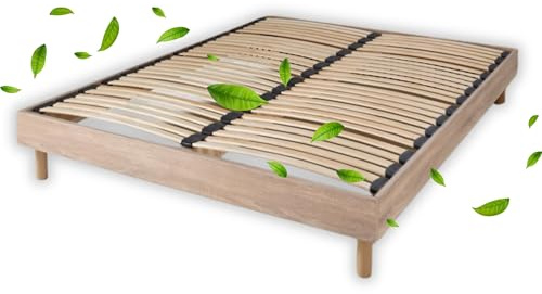 Sommier 140x190 cm, à Latte, 2 Places, en Bois Naturel, Technologie Bi-Lattes avec 4 Zones de Confort, Structure en Bois Massif avec Pieds Inclus, Ergonomique, Aération Optimale, Montage Facile