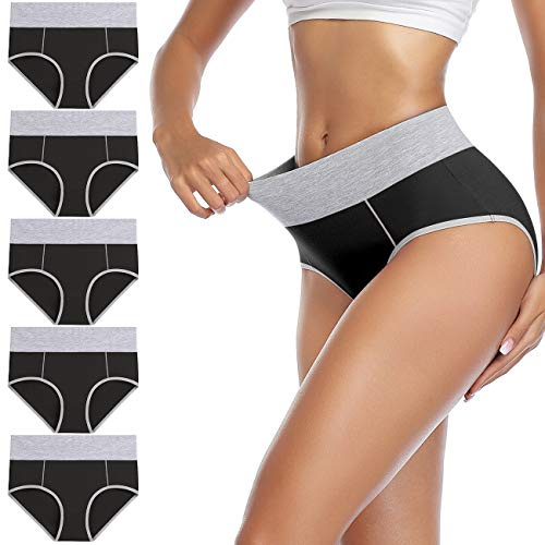 wirarpa Women's Cotton Underwear High Waist Stretch Briefs Soft Underpants Ladies Full Coverage Panties 5 Pack Black X-Large