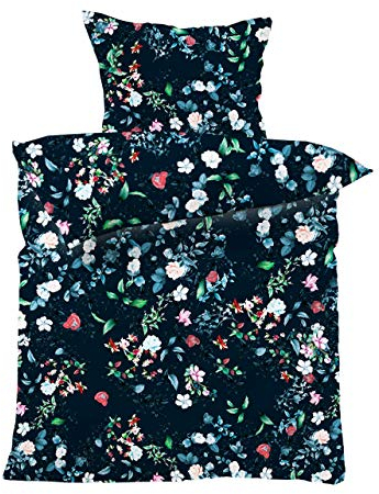 Lavea Satinbettwäsche Set - Amelia 135 x 200cm + 80 x 80cm. Design: Blumen - Farbe: Schwarz/Bunt 100% Baumwolle. Hochwertig mit Reißverschluss.