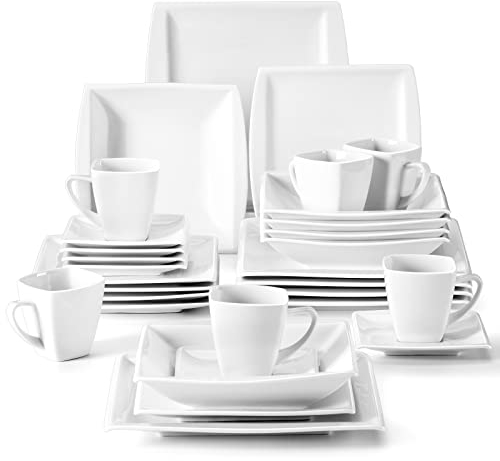 MALACASA Plates and Bowls Sets, Square Dinnerware Sets for 6 (30pcs), Series Blance